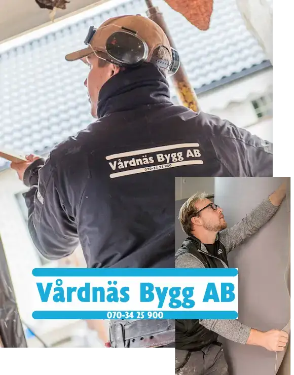 Arbetare hos byggfirma med Vårdnäs Bygg AB logga.